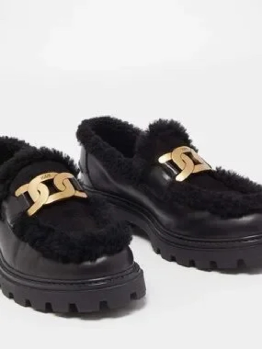TODS Black Shearling and Leather Loafers NIB